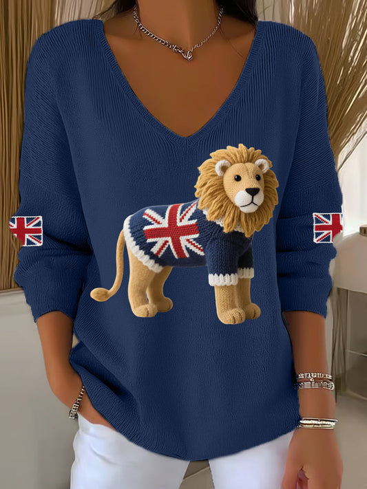 Women's Union Jack Lion Print Casual Long-Sleeve Top trupatriotic