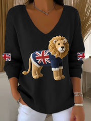 Women's Union Jack Lion Print Casual Long-Sleeve Top trupatriotic