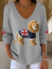 Women's Union Jack Lion Print Casual Long-Sleeve Top trupatriotic