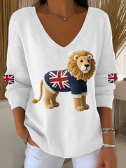 Women's Union Jack Lion Print Casual Long-Sleeve Top trupatriotic