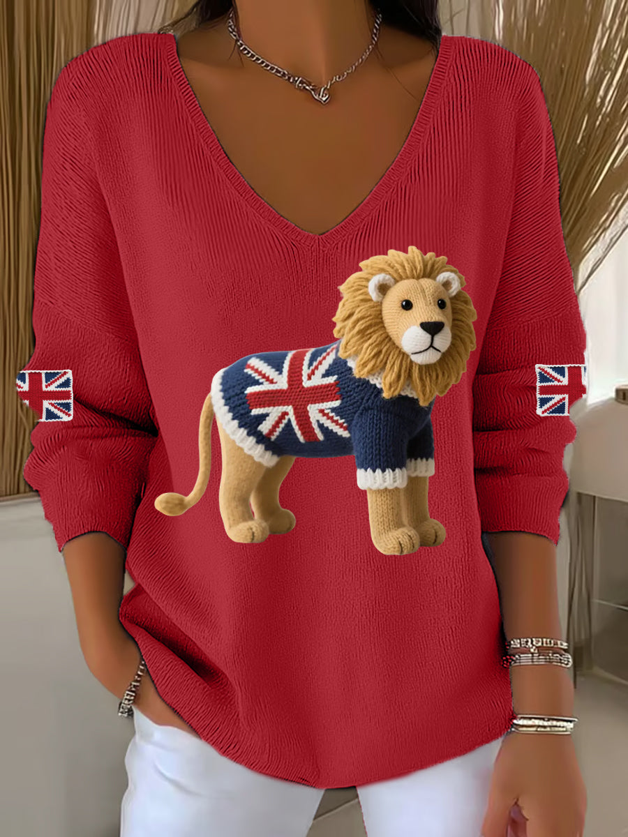 Women's Union Jack Lion Print Casual Long-Sleeve Top trupatriotic