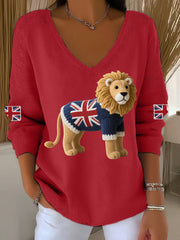 Women's Union Jack Lion Print Casual Long-Sleeve Top trupatriotic