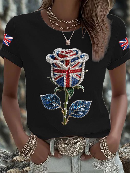 Women's British imitation diamond hot-drilling Printed Iron On Short Sleeve T-Shirt trupatriotic
