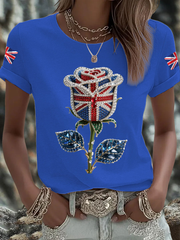 Women's British imitation diamond hot-drilling Printed Iron On Short Sleeve T-Shirt trupatriotic