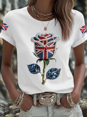 Women's British imitation diamond hot-drilling Printed Iron On Short Sleeve T-Shirt trupatriotic