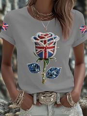 Women's British imitation diamond hot-drilling Printed Iron On Short Sleeve T-Shirt trupatriotic