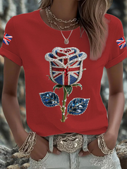 Women's British imitation diamond hot-drilling Printed Iron On Short Sleeve T-Shirt trupatriotic
