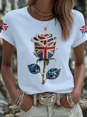 Women's British imitation diamond hot-drilling Printed Iron On Short Sleeve T-Shirt trupatriotic