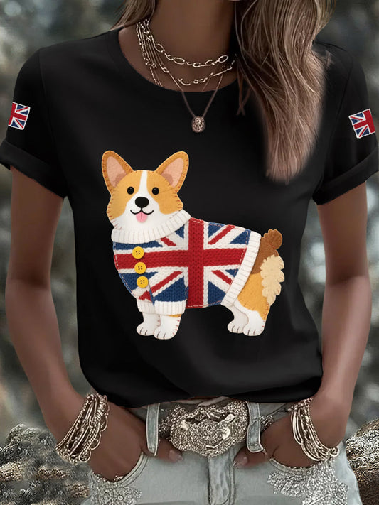 Women's Cute Corgi Union Jack Print Casual Tee trupatriotic