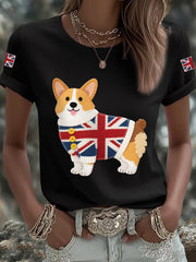 Women's Cute Corgi Union Jack Print Casual Tee trupatriotic