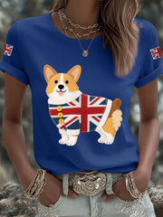Women's Cute Corgi Union Jack Print Casual Tee trupatriotic