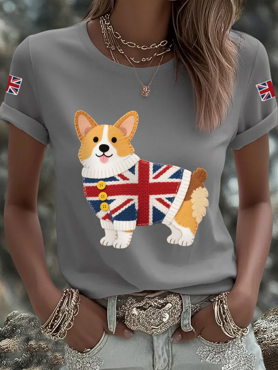 Women's Cute Corgi Union Jack Print Casual Tee trupatriotic
