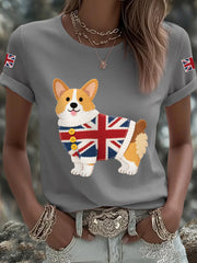 Women's Cute Corgi Union Jack Print Casual Tee trupatriotic