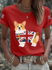 Women's Cute Corgi Union Jack Print Casual Tee trupatriotic