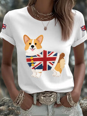 Women's Cute Corgi Union Jack Print Casual Tee trupatriotic