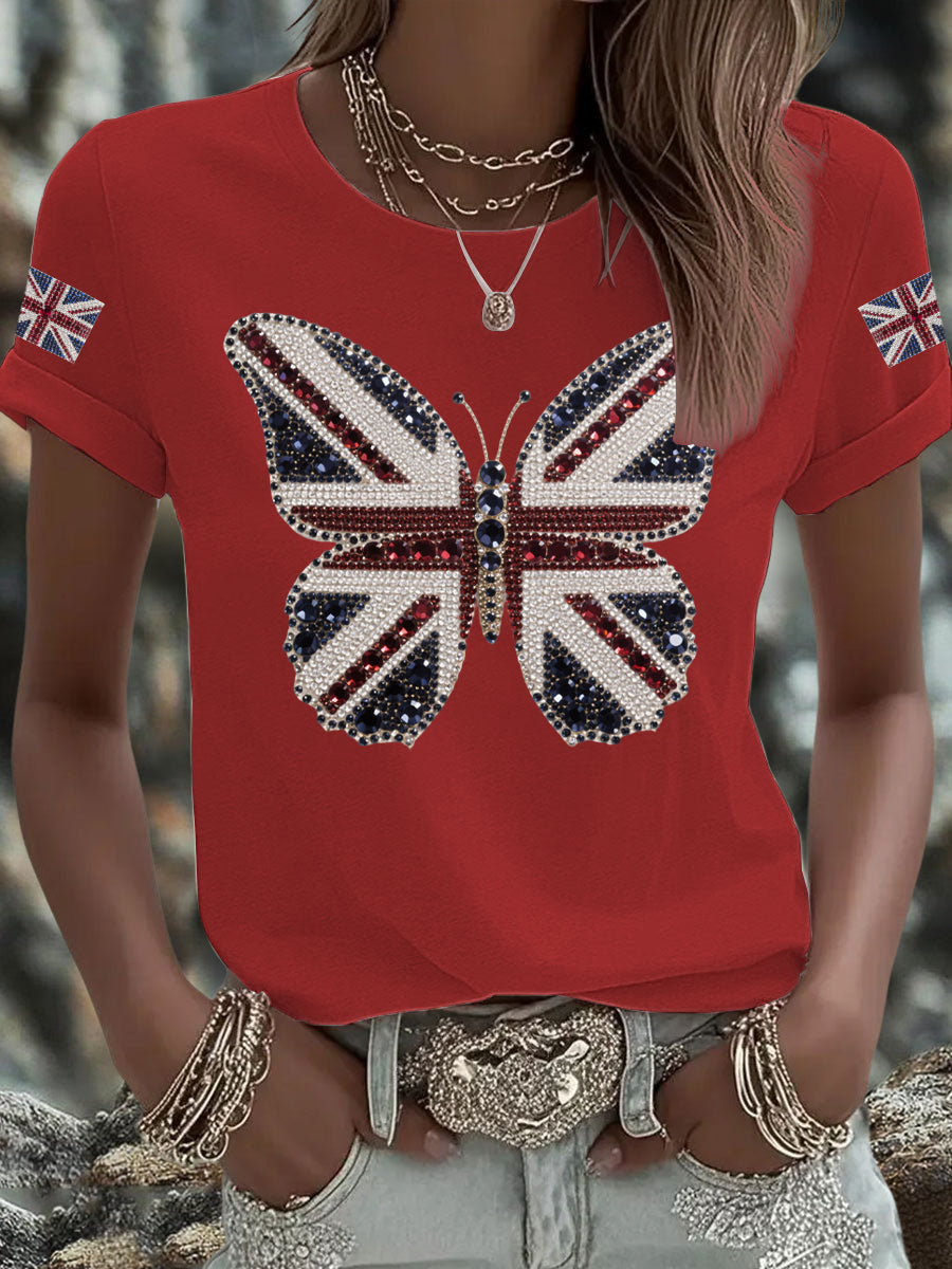 Women's UK Flag Butterfly Printed T-shirt trupatriotic