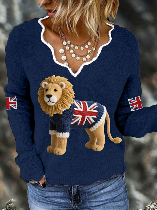 Women's Union Jack Lion Print Casual Long Sleeve Top trupatriotic