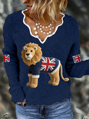 Women's Union Jack Lion Print Casual Long Sleeve Top trupatriotic