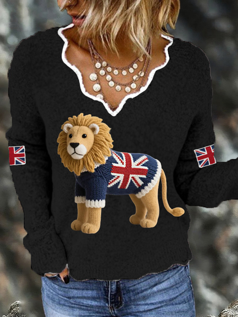 Women's Union Jack Lion Print Casual Long Sleeve Top trupatriotic