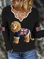 Women's Union Jack Lion Print Casual Long Sleeve Top trupatriotic
