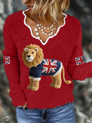 Women's Union Jack Lion Print Casual Long Sleeve Top trupatriotic