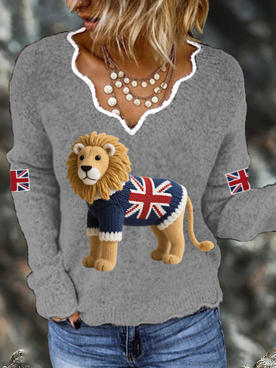Women's Union Jack Lion Print Casual Long Sleeve Top trupatriotic