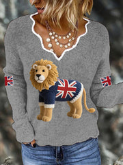 Women's Union Jack Lion Print Casual Long Sleeve Top trupatriotic