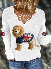 Women's Union Jack Lion Print Casual Long Sleeve Top trupatriotic