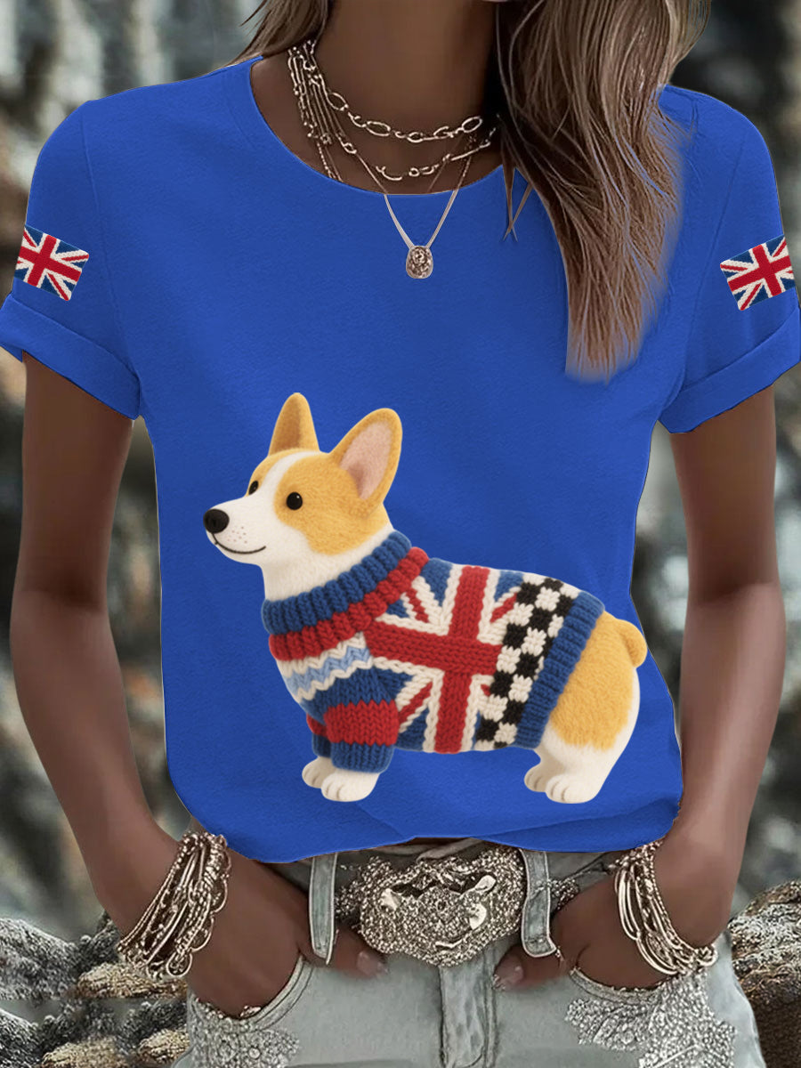 Women's UK Flag Corgi Printed T-shirt trupatriotic