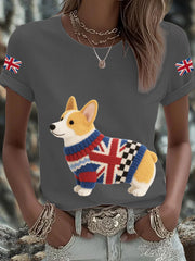 Women's UK Flag Corgi Printed T-shirt trupatriotic