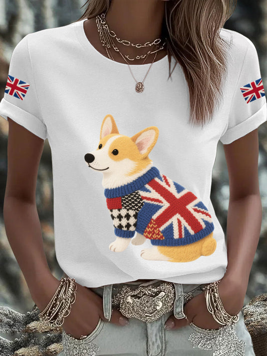 Women's UK Flag Corgi Printed T-shirt trupatriotic