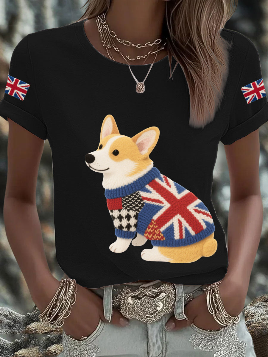Women's UK Flag Corgi Printed T-shirt trupatriotic