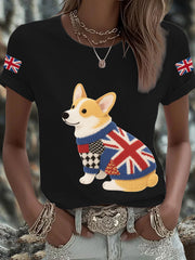Women's UK Flag Corgi Printed T-shirt trupatriotic
