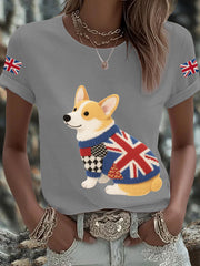 Women's UK Flag Corgi Printed T-shirt trupatriotic