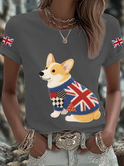 Women's UK Flag Corgi Printed T-shirt trupatriotic