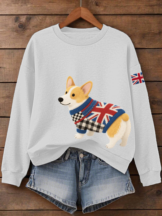 Women's UK Flag Corgi Print Sweatshirt trupatriotic
