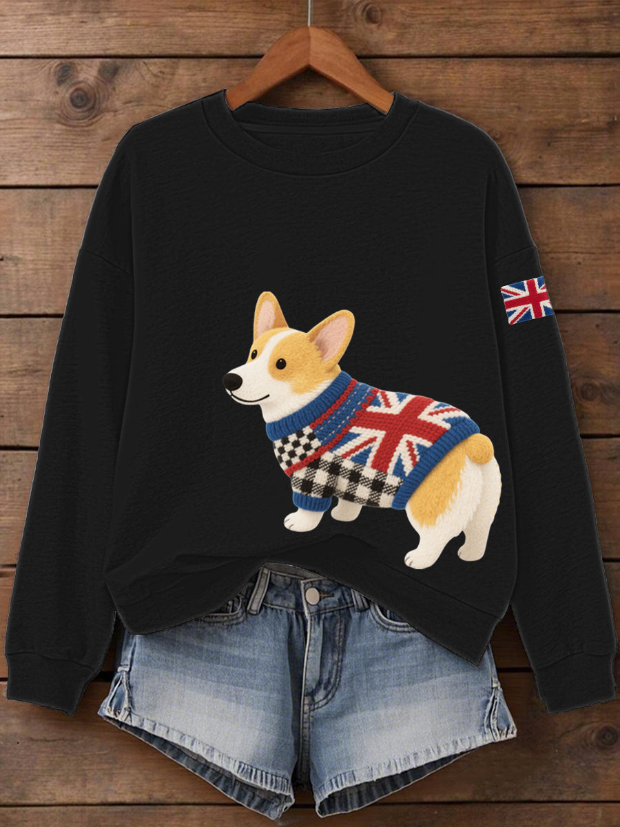 Women's UK Flag Corgi Print Sweatshirt trupatriotic