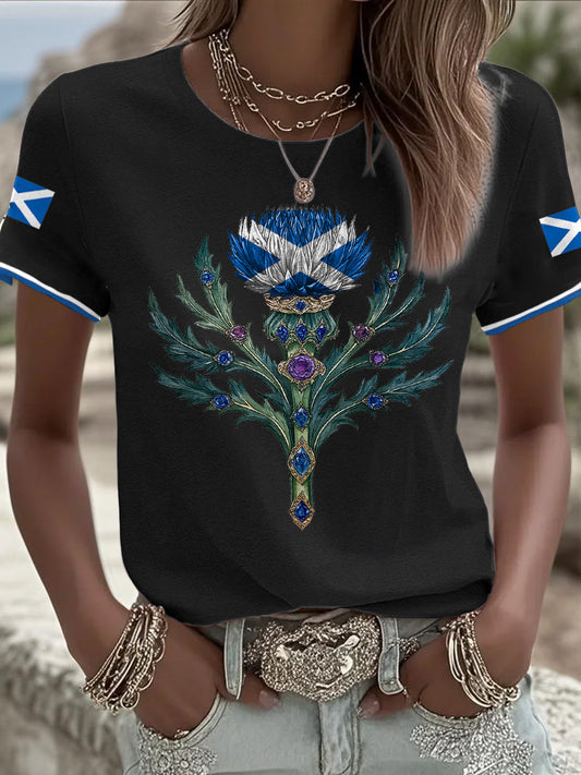 Women's Scotland Flag Art Thistle Printed T-shirt trupatriotic