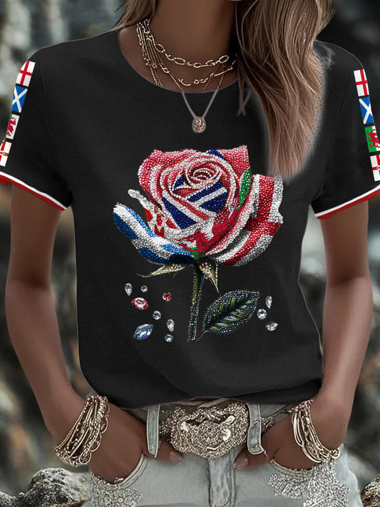 Women's UK Flag Art Rose Printed T-shirt trupatriotic