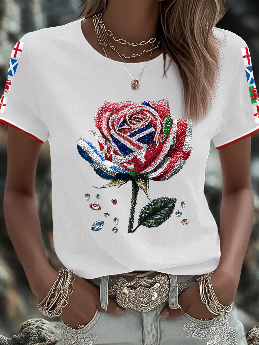 Women's UK Flag Art Rose Printed T-shirt trupatriotic
