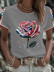 Women's UK Flag Art Rose Printed T-shirt trupatriotic