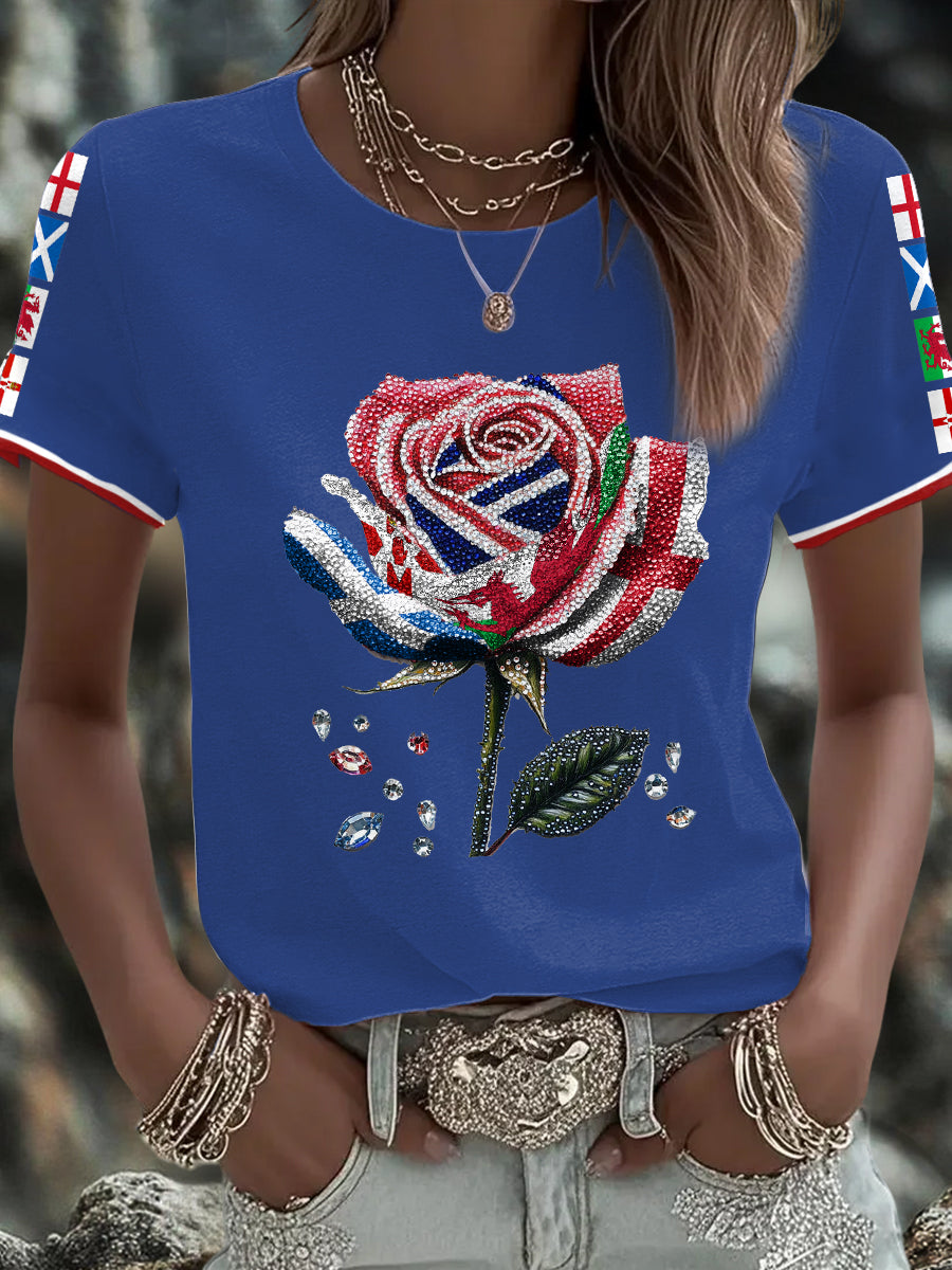 Women's UK Flag Art Rose Printed T-shirt trupatriotic