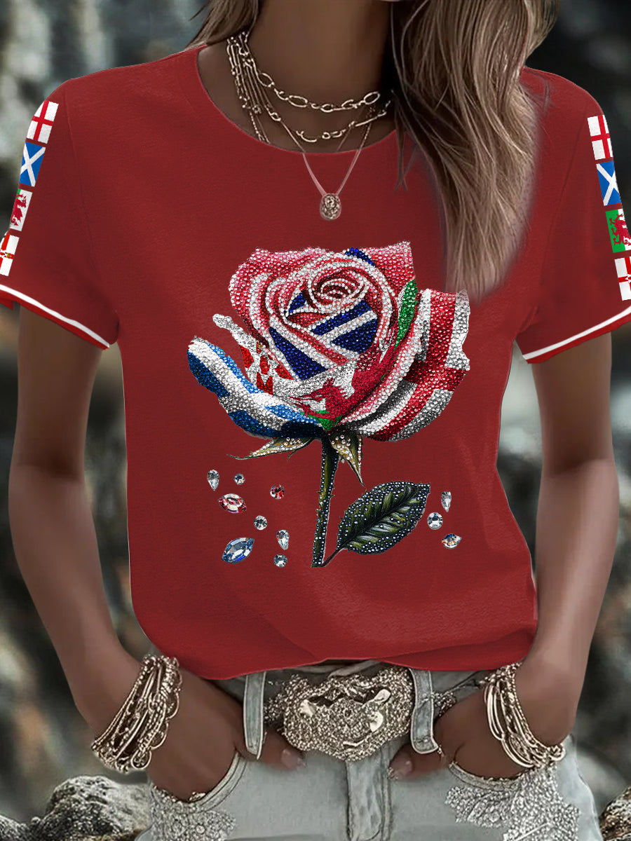 Women's UK Flag Art Rose Printed T-shirt trupatriotic