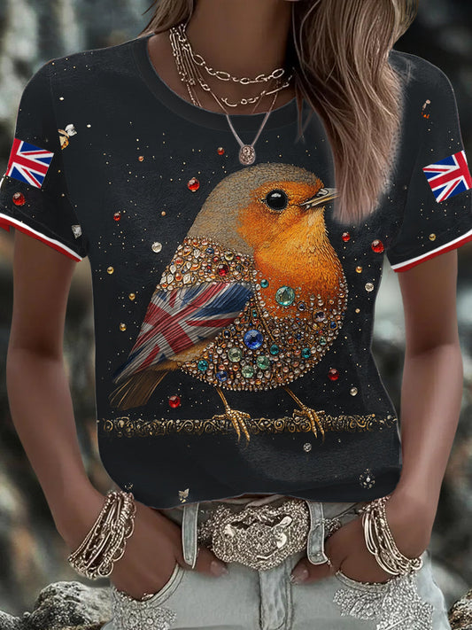 Women's UK Flag Art Rose Printed T-shirt trupatriotic