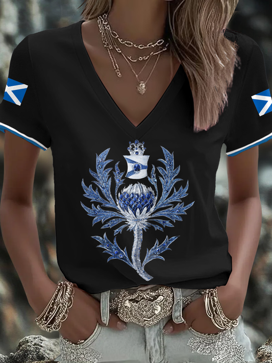 Women's Scotland Flag Art Thistle Printed T-shirt trupatriotic