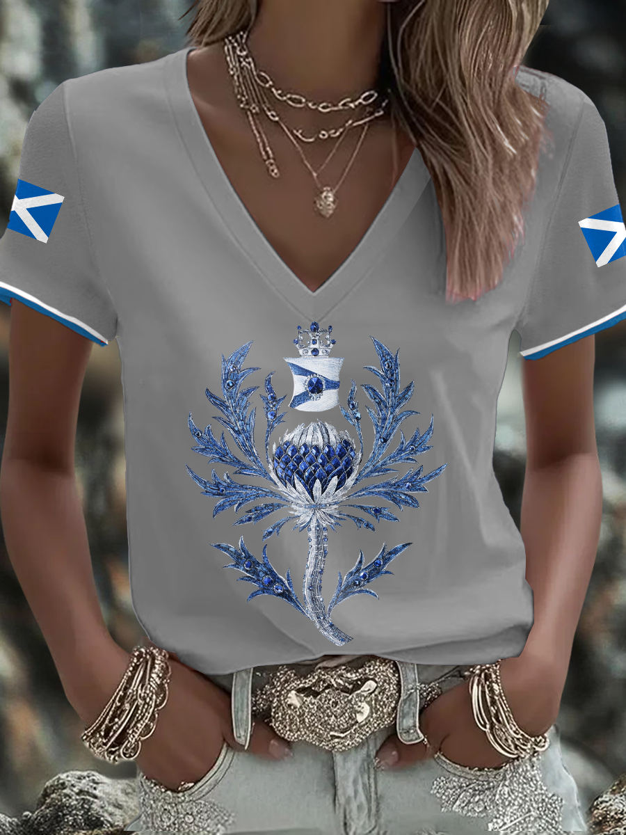 Women's Scotland Flag Art Thistle Printed T-shirt trupatriotic