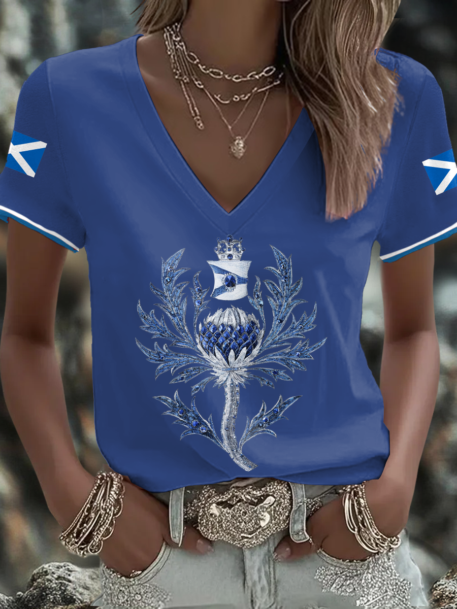 Women's Scotland Flag Art Thistle Printed T-shirt trupatriotic