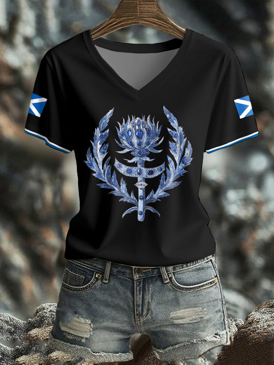 Women's Scotland Flag Art Thistle Printed T-shirt trupatriotic