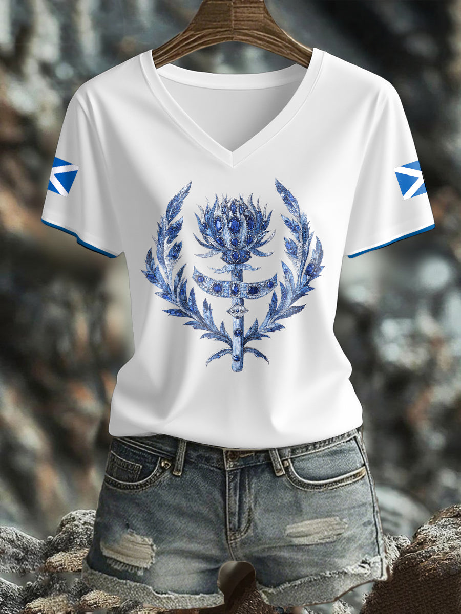 Women's Scotland Flag Art Thistle Printed T-shirt trupatriotic