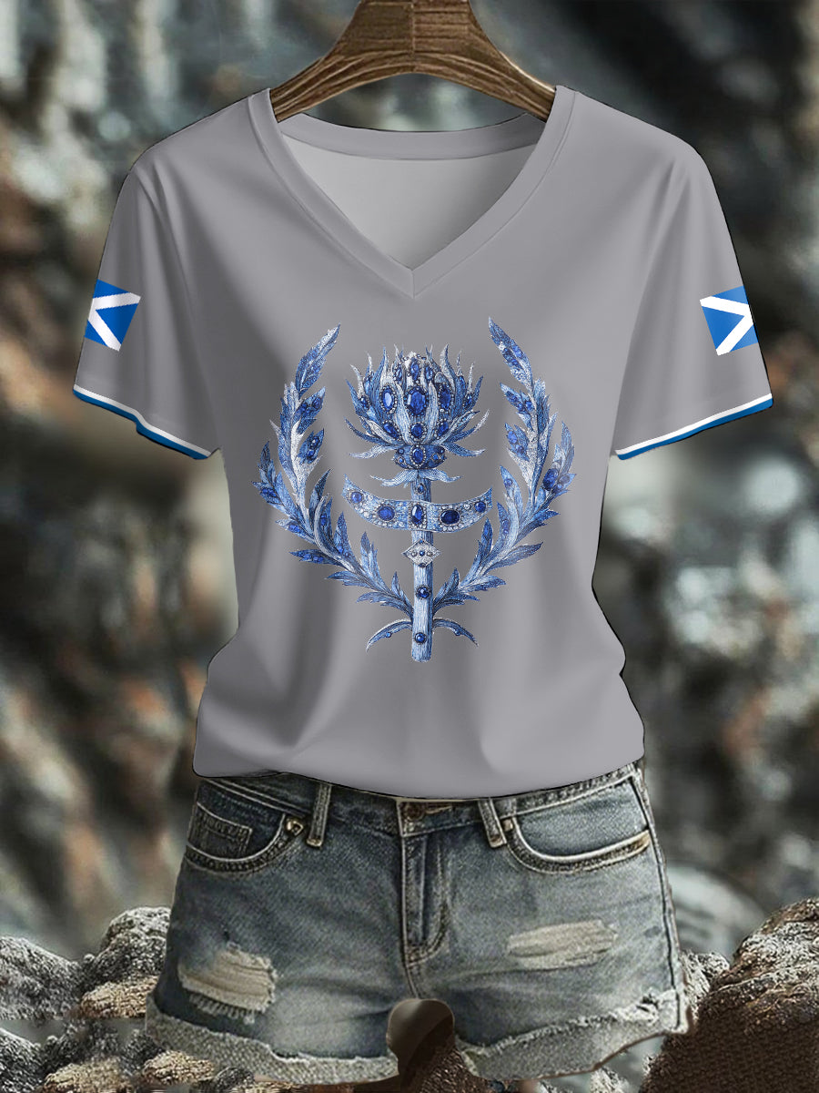 Women's Scotland Flag Art Thistle Printed T-shirt trupatriotic